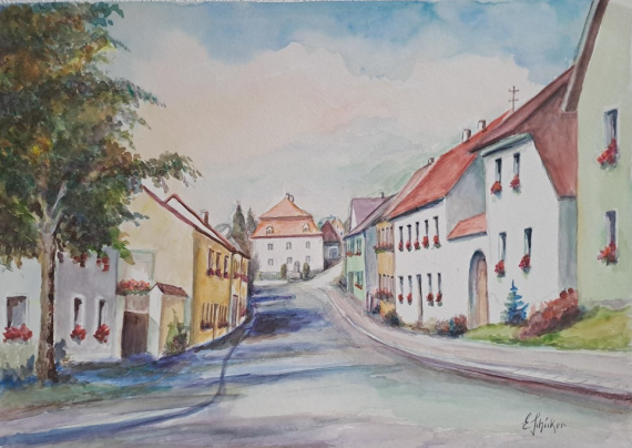 Das Gemälde von Emil Schicker zeigt eine Straße durch Mähring gesäumt von Häusern