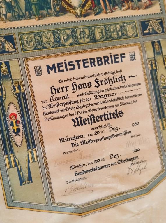 Aufwendig gestalteter Meisterbrief f&uuml;r Hans Fr&ouml;hlich